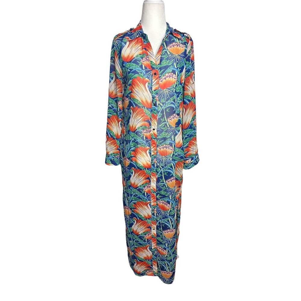 Grifflin Paris Tropical Floral Blue Long Bathing Suit Cover Up Size Small Women'